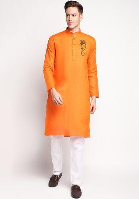 Orange Printed Cotton Kurta Set For Men