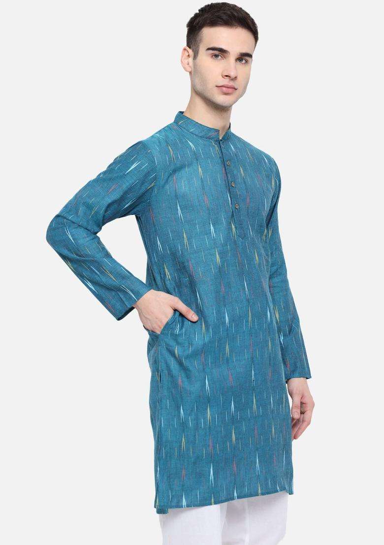 Blue Woven Design Cotton Kurta Set For Men - Indya