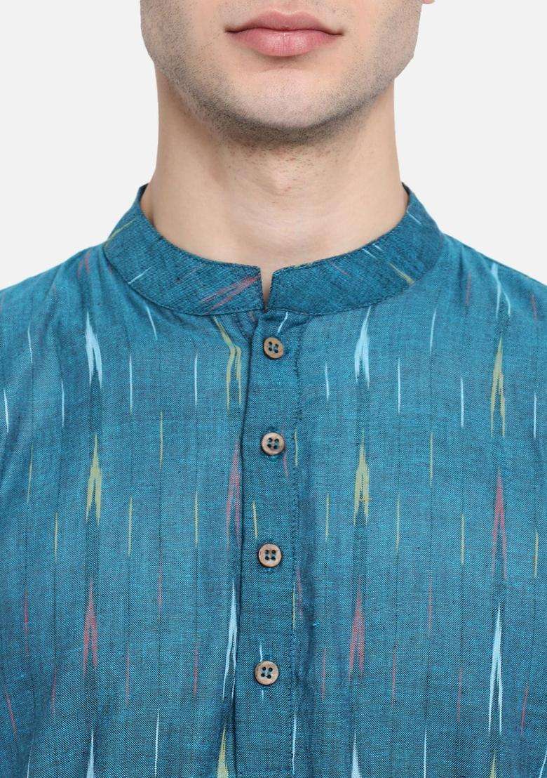 Blue Woven Design Cotton Kurta Set For Men - Indya