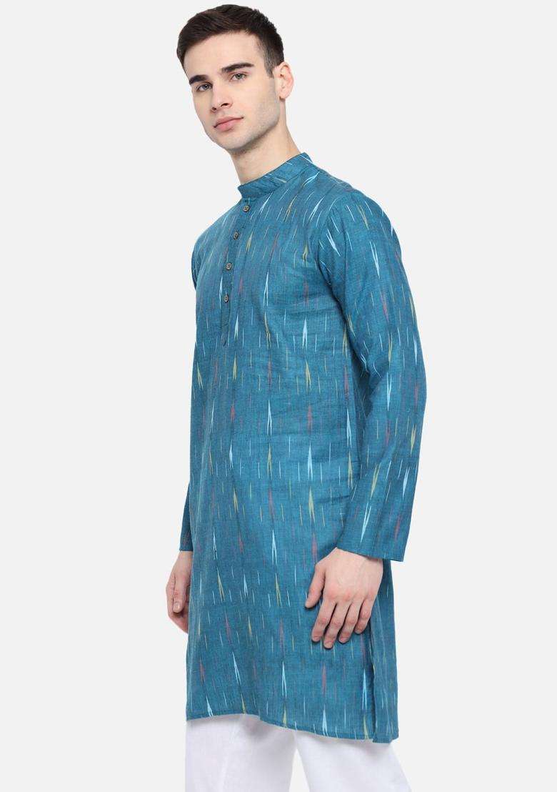 Blue Woven Design Cotton Kurta Set For Men - Indya