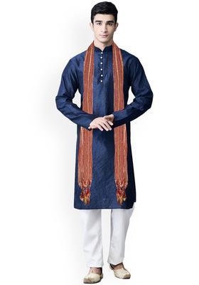 Navy Blue Woven Design Silk Kurta Set For Men