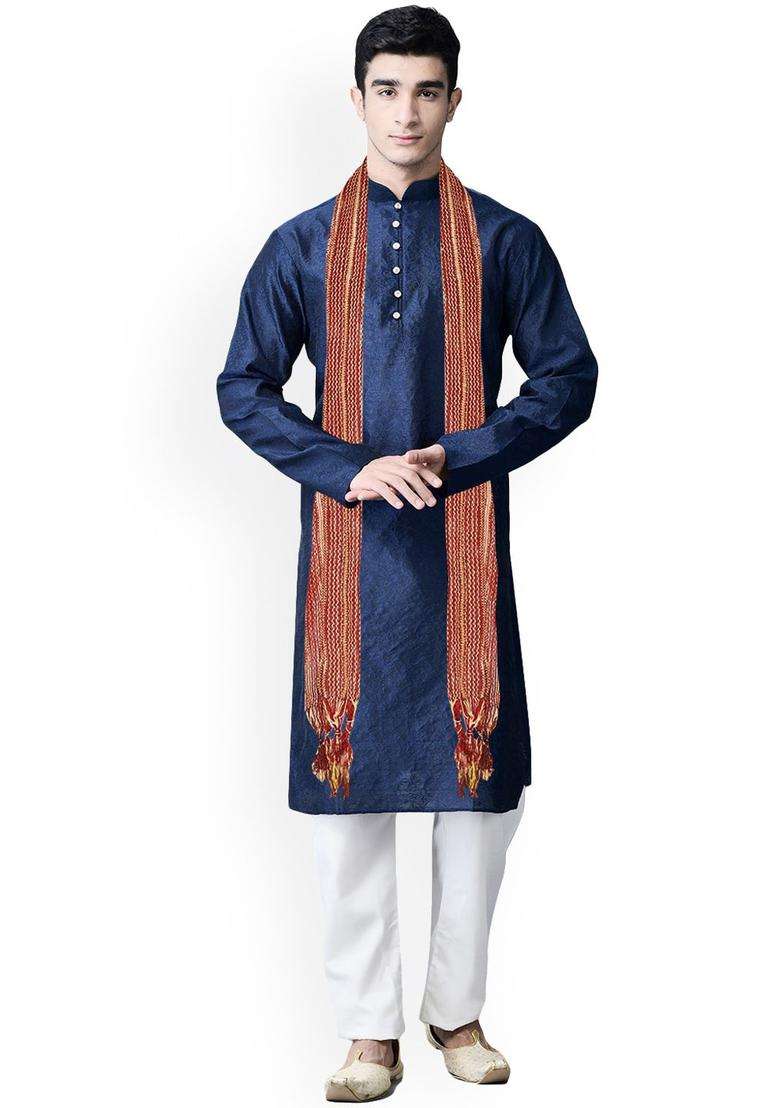 Navy Blue Woven Design Silk Blend Kurta Set For Men - Indya