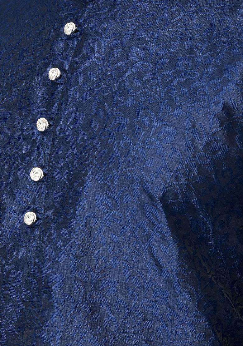 Navy Blue Woven Design Silk Blend Kurta Set For Men - Indya