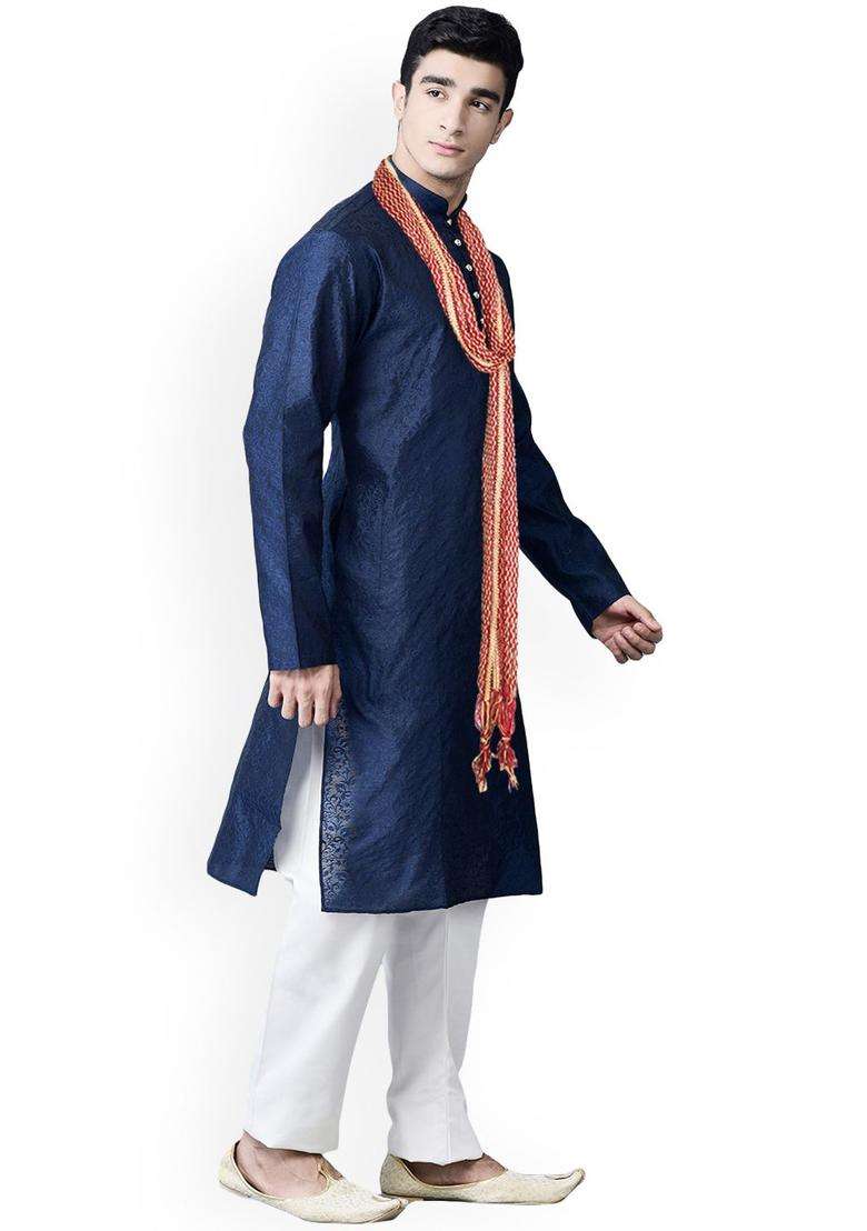 Navy Blue Woven Design Silk Blend Kurta Set For Men - Indya