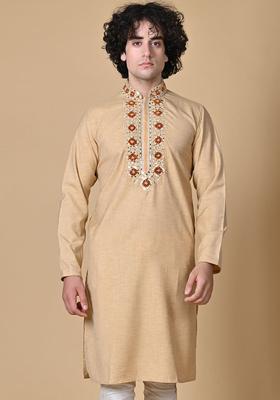 Beige Yoke Design Cotton Kurta Set For Men