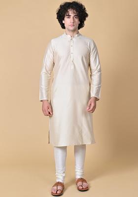 Beige Solid Cotton Kurta Set For Men