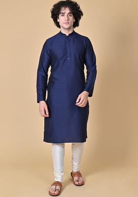 Navy Blue Solid Cotton Kurta Set For Men