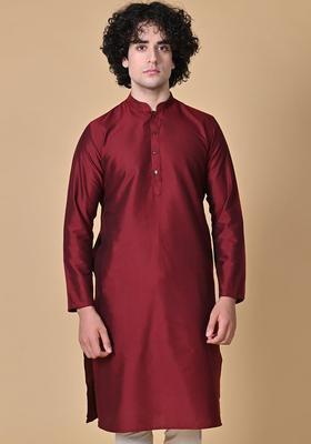 Maroon Solid Cotton Kurta Set For Men