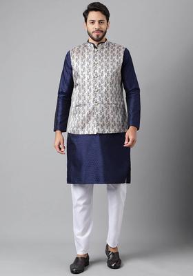 Blue Woven Design Silk Kurta Set For Men