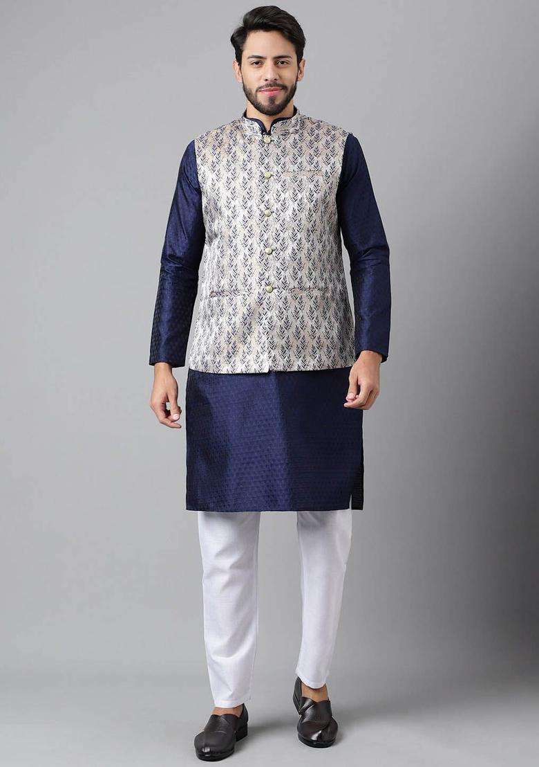 Blue Woven Design Silk Kurta Set For Men - Indya