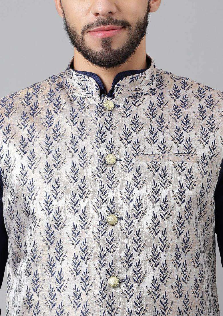 Blue Woven Design Silk Kurta Set For Men - Indya
