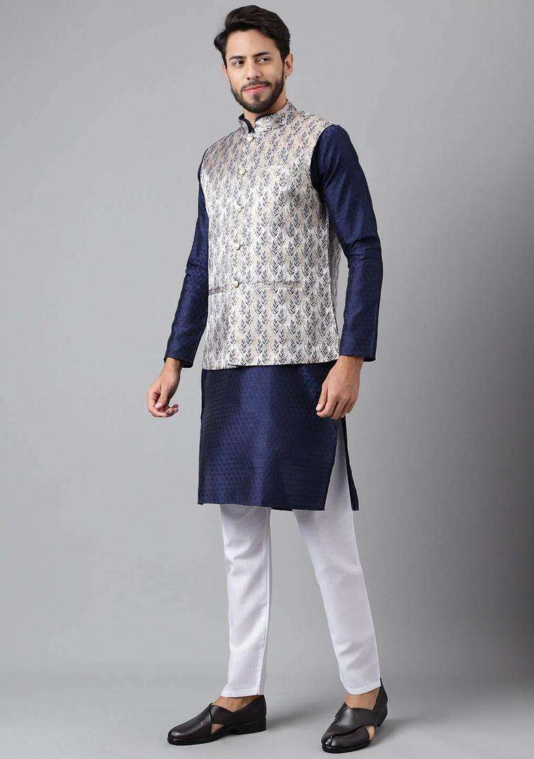 Blue Woven Design Silk Kurta Set For Men - Indya
