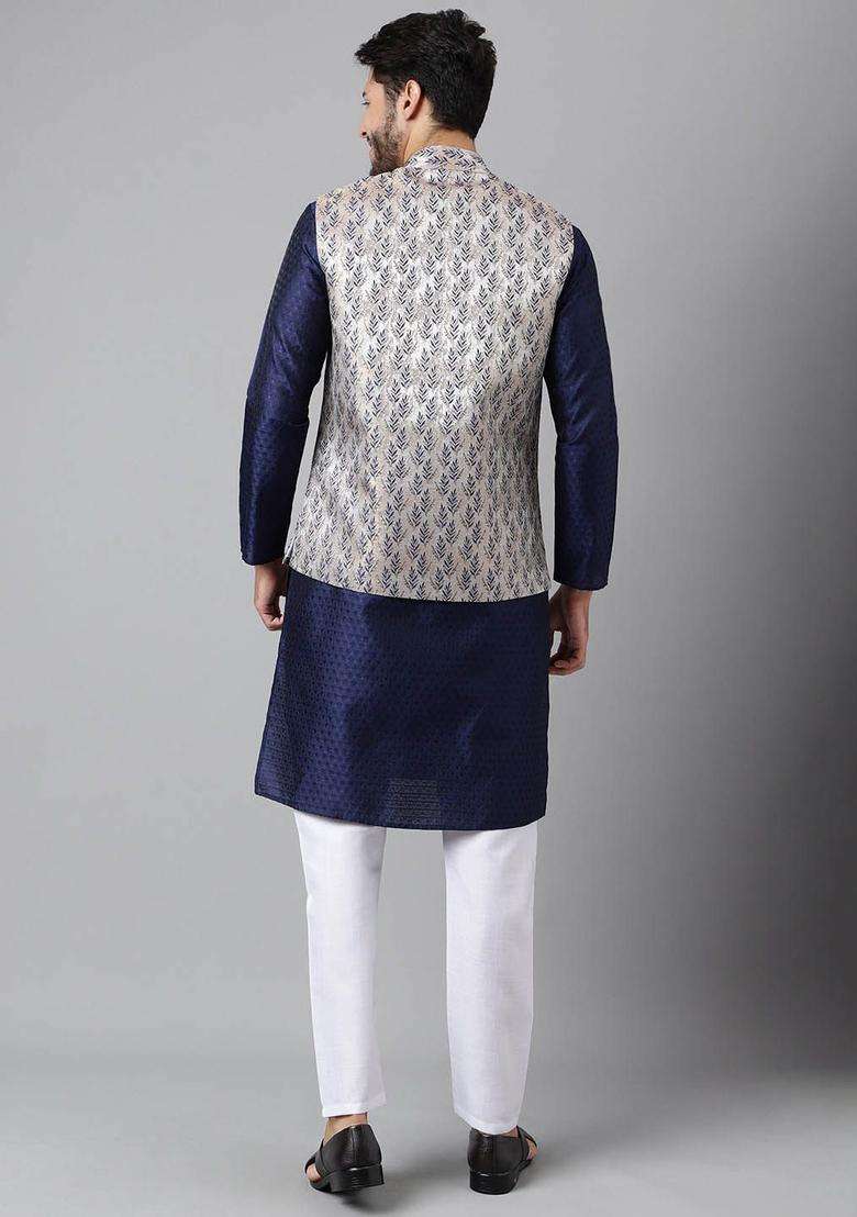 Blue Woven Design Silk Kurta Set For Men - Indya