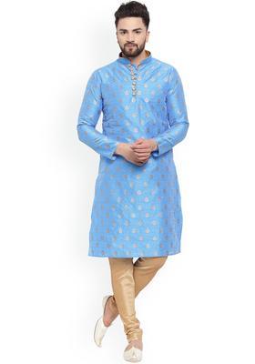 Blue Woven Design Silk Kurta Set For Men