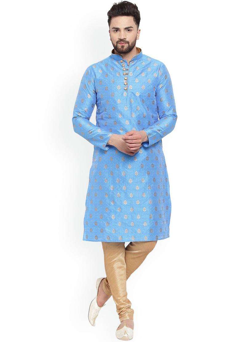 Blue Woven Design Silk Blend Kurta Set For Men - Indya