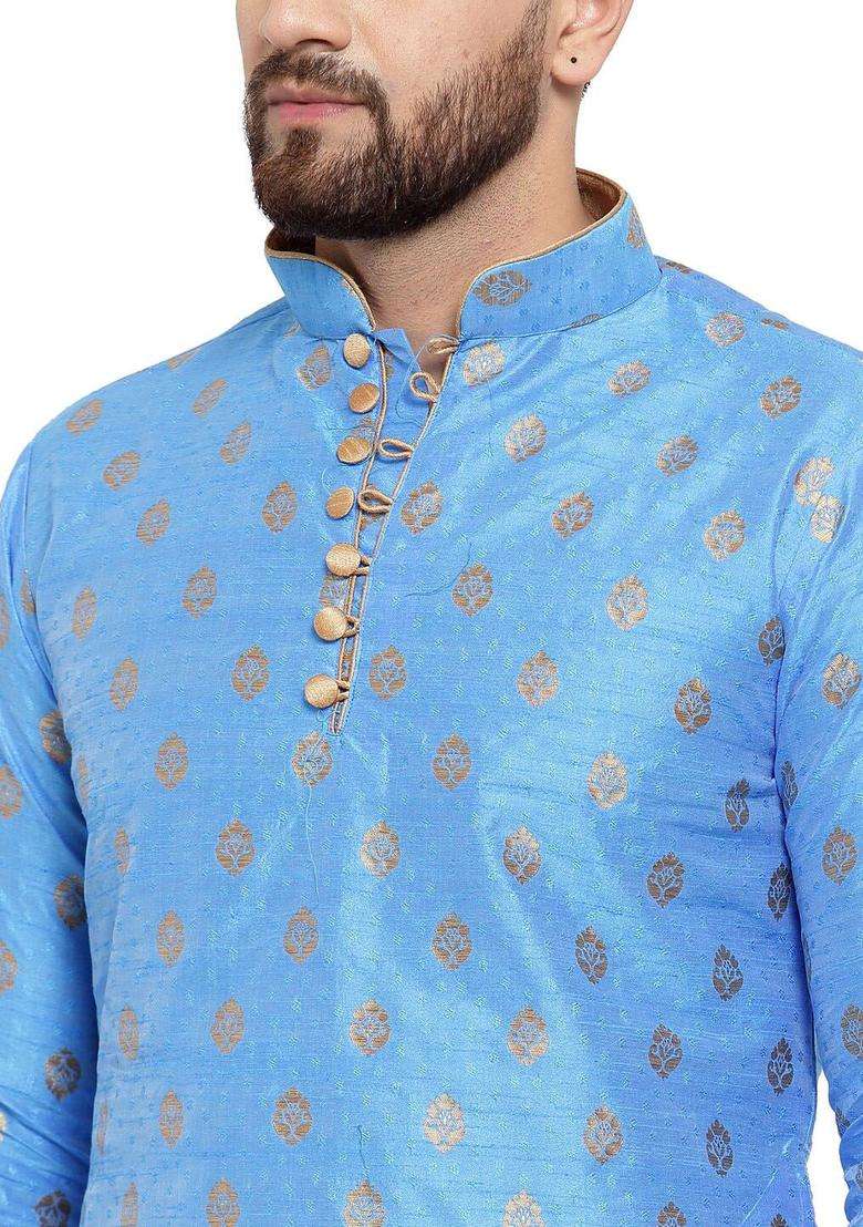 Blue Woven Design Silk Blend Kurta Set For Men - Indya