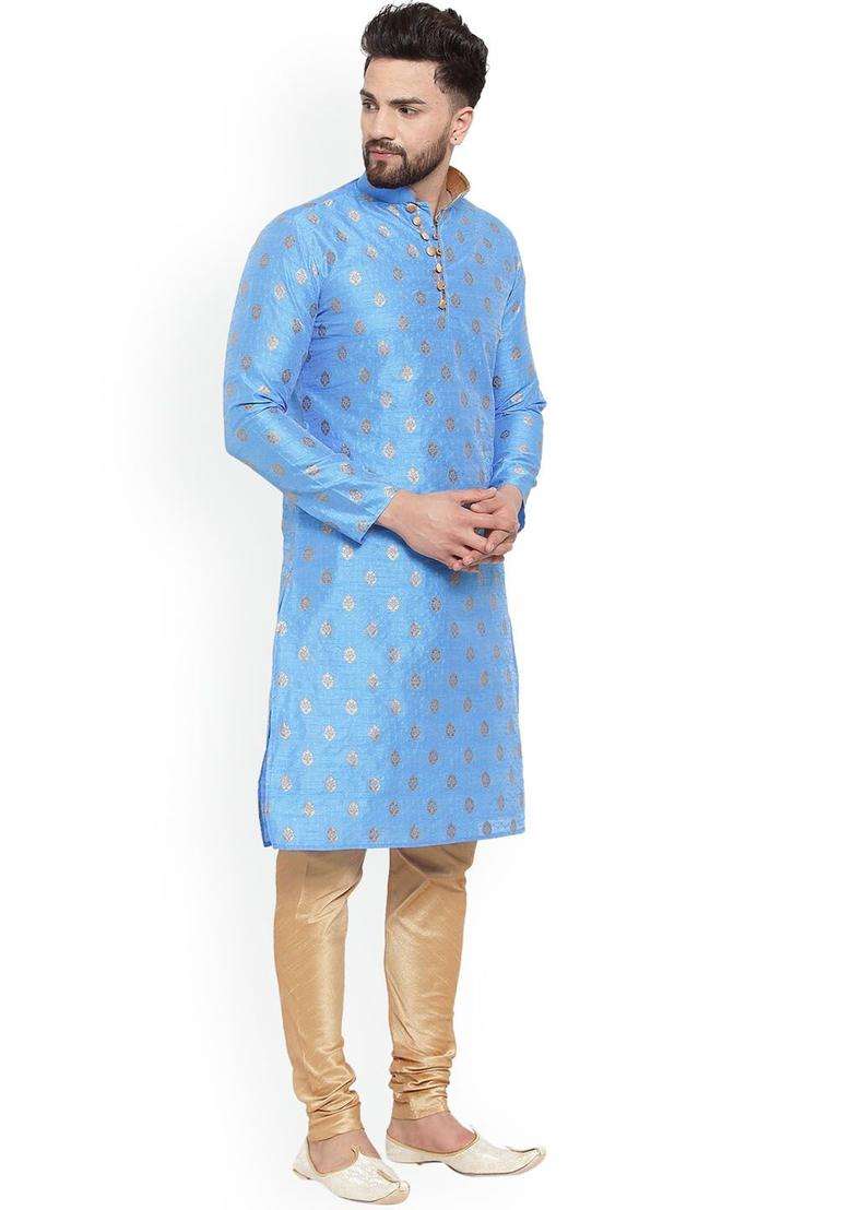 Blue Woven Design Silk Blend Kurta Set For Men - Indya