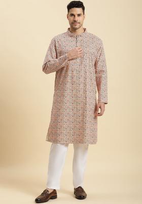 Beige Printed Cotton Kurta Set For Men