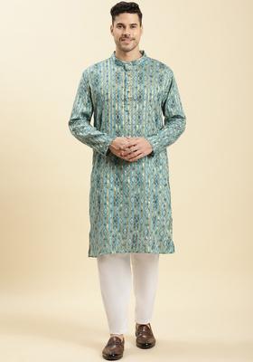 Turquoise Blue Printed Cotton Kurta Set For Men