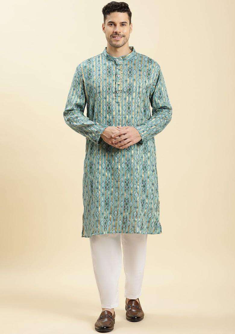 Turquoise Blue Printed Cotton Kurta Set For Men - Indya