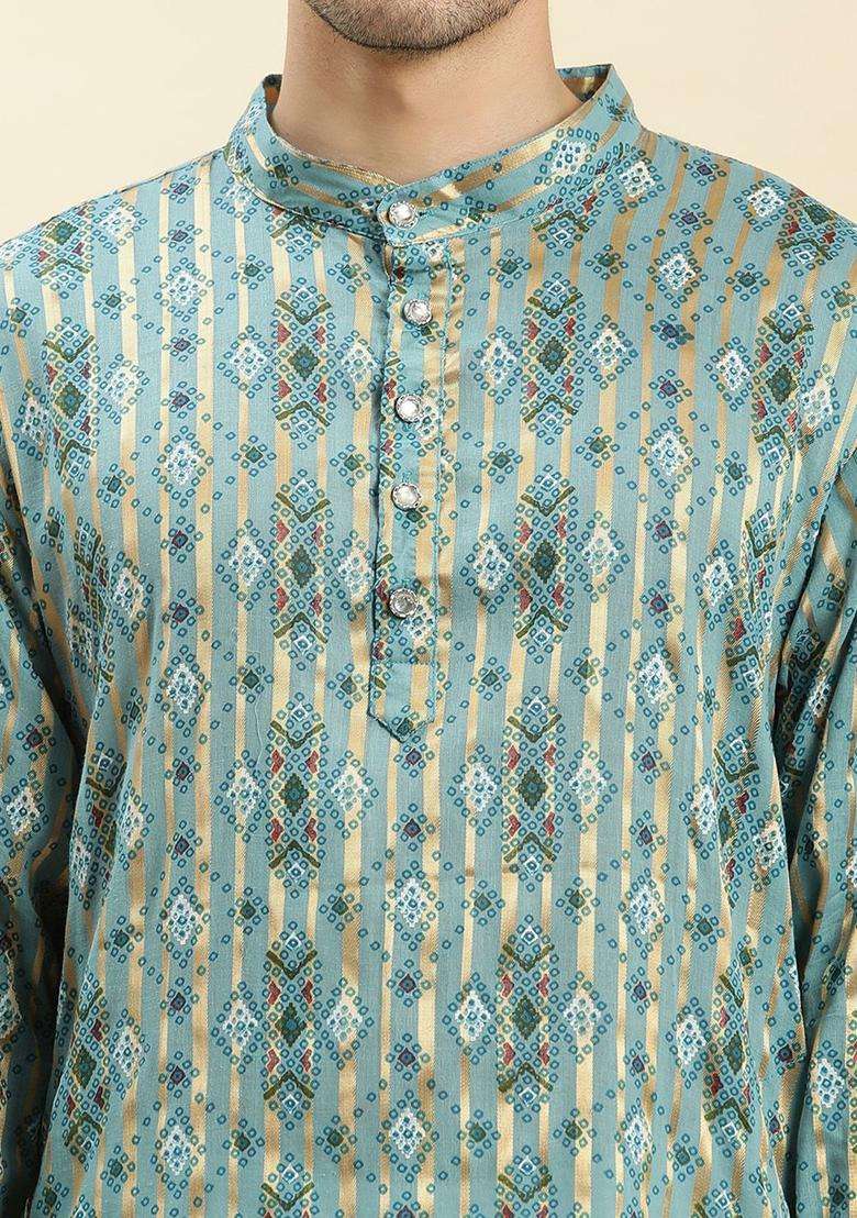 Turquoise Blue Printed Cotton Kurta Set For Men - Indya