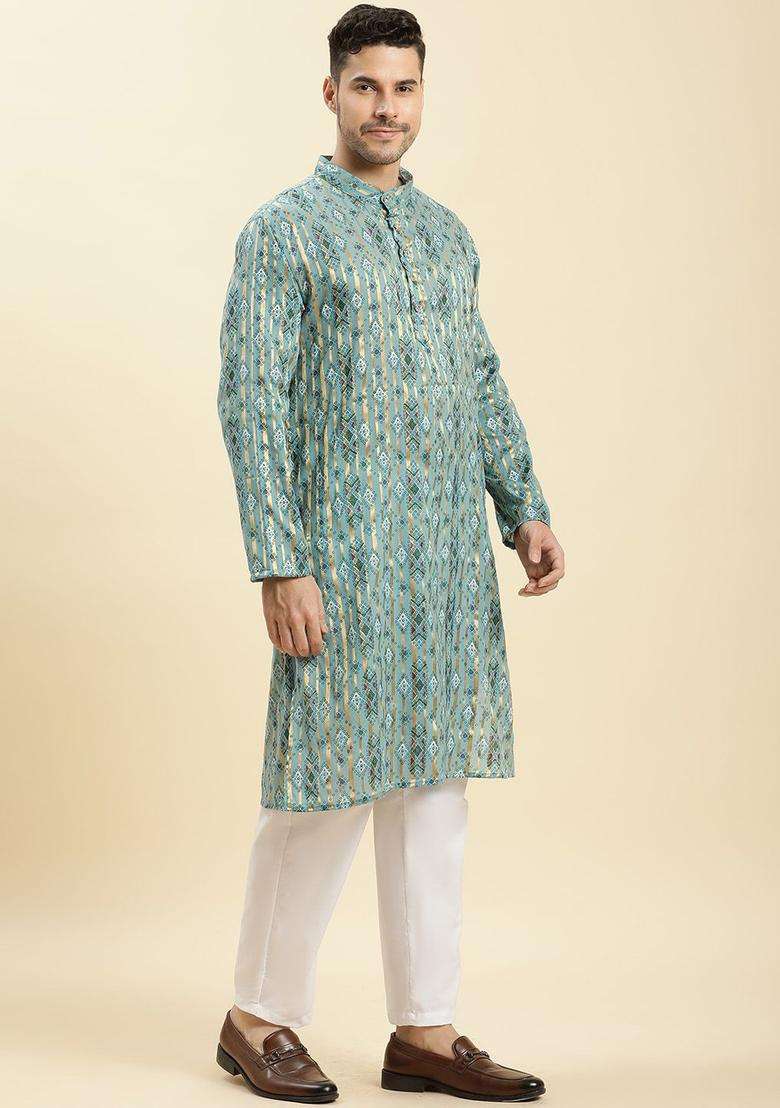Turquoise Blue Printed Cotton Kurta Set For Men - Indya