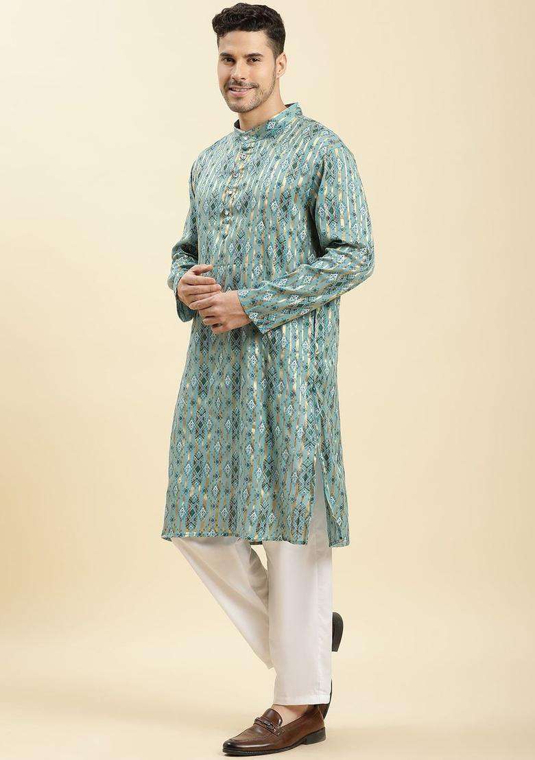 Turquoise Blue Printed Cotton Kurta Set For Men - Indya
