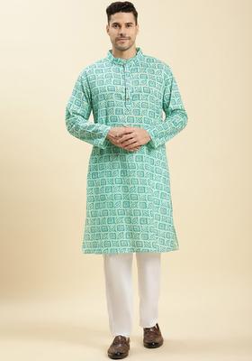 Green Printed Cotton Kurta Set For Men