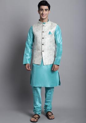 Sea Green Solid Silk Kurta Set For Men