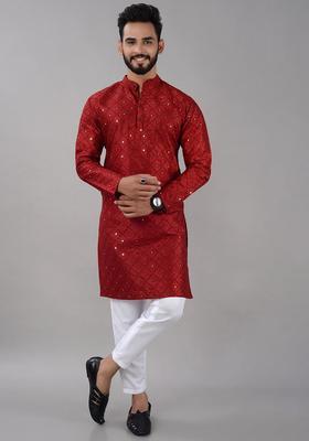 Red Embroidered Silk Kurta Set For Men