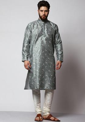 Green Printed Silk Kurta Set For Men