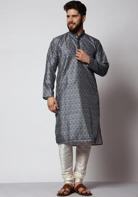 Black Printed Silk Kurta Set For Men