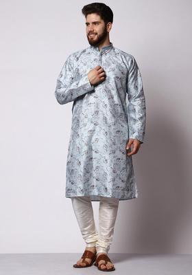 Blue Printed Silk Kurta Set For Men