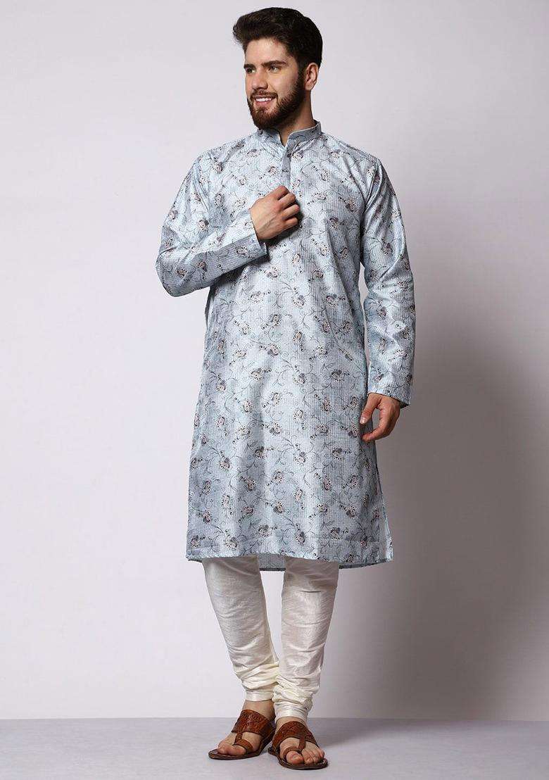 Blue Printed Silk Blend Kurta Set For Men - Indya