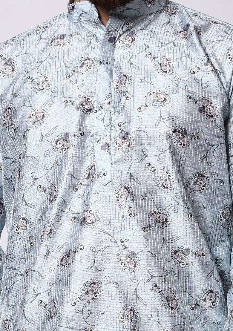 Blue Printed Silk Blend Kurta Set For Men - Indya