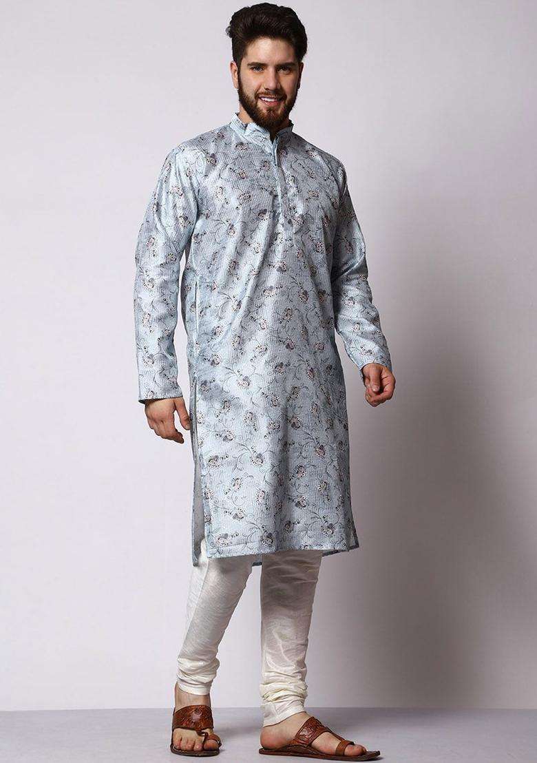 Blue Printed Silk Blend Kurta Set For Men - Indya