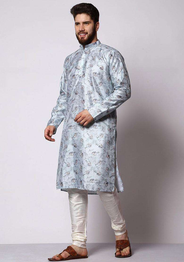 Blue Printed Silk Blend Kurta Set For Men - Indya