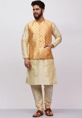 Gold Solid Silk Kurta Set For Men