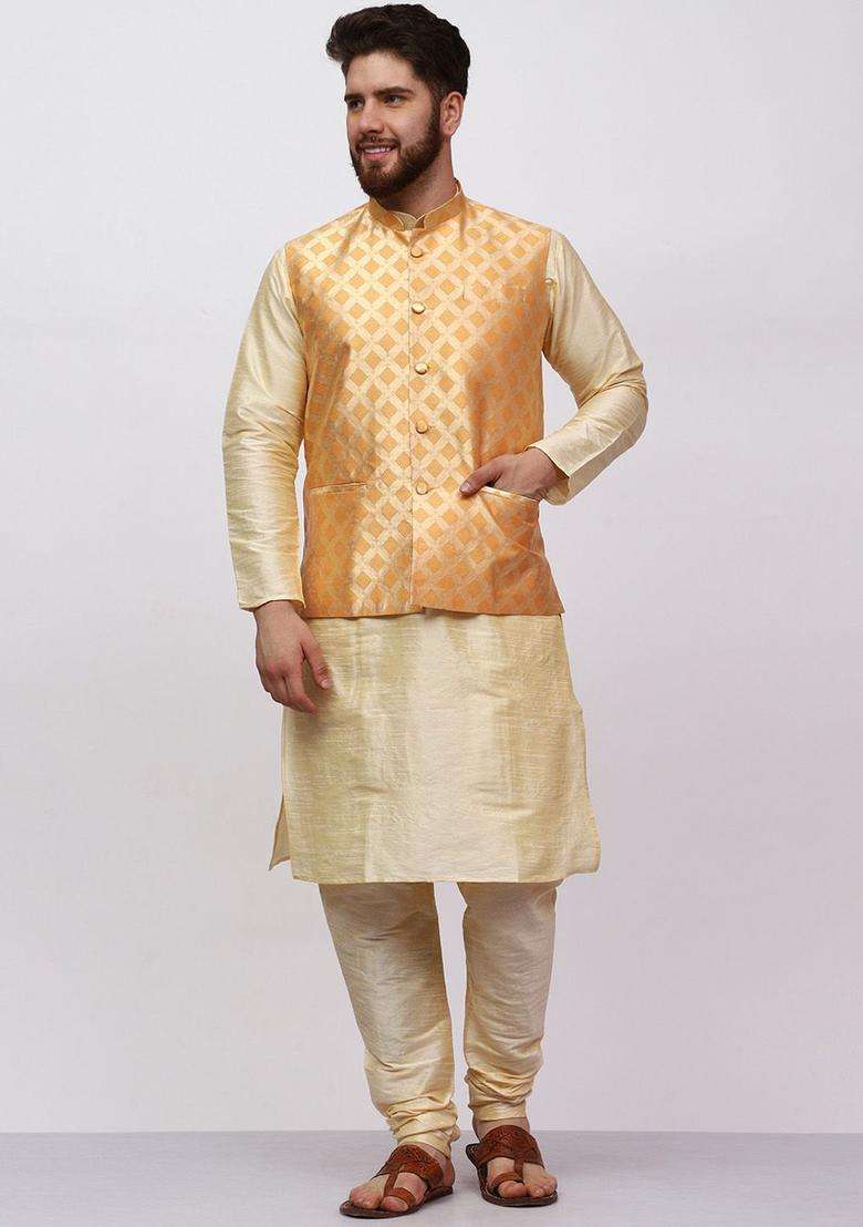 Gold Solid Silk Blend Kurta Set For Men - Indya