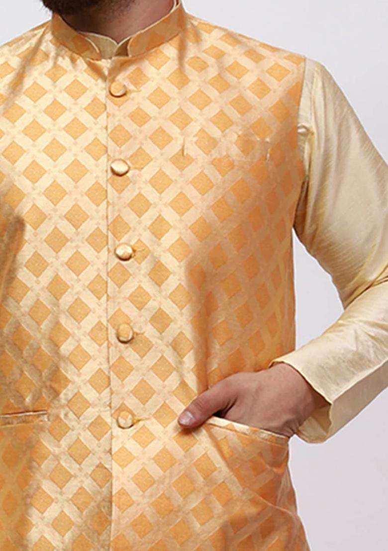 Gold Solid Silk Blend Kurta Set For Men - Indya