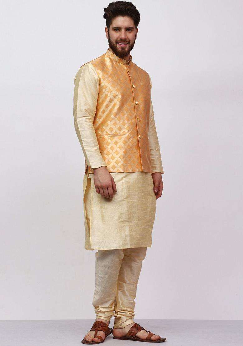 Gold Solid Silk Blend Kurta Set For Men - Indya