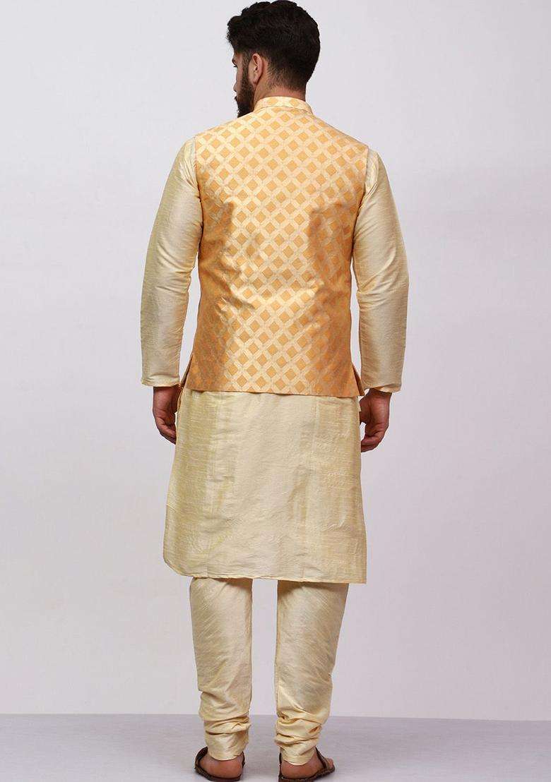 Gold Solid Silk Blend Kurta Set For Men - Indya