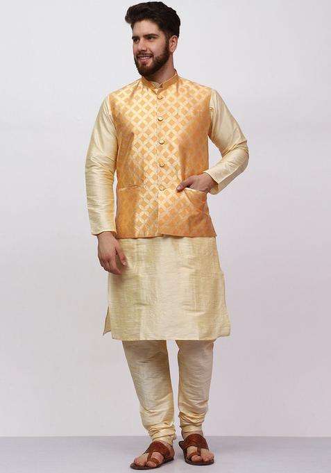 Gold Solid Silk Blend Kurta Set For Men