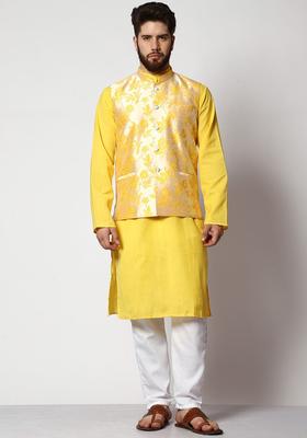 Yellow Solid Cotton Kurta Set For Men
