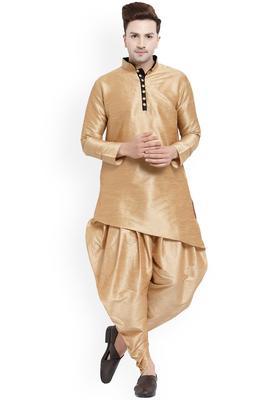 Gold Solid Silk Kurta Set For Men