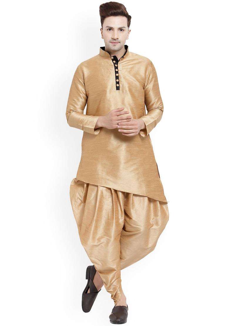 Gold Solid Silk Blend Kurta Set For Men - Indya