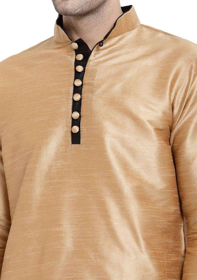 Gold Solid Silk Blend Kurta Set For Men - Indya