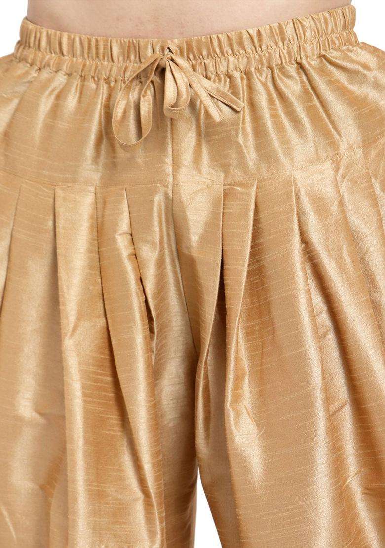 Gold Solid Silk Blend Kurta Set For Men - Indya