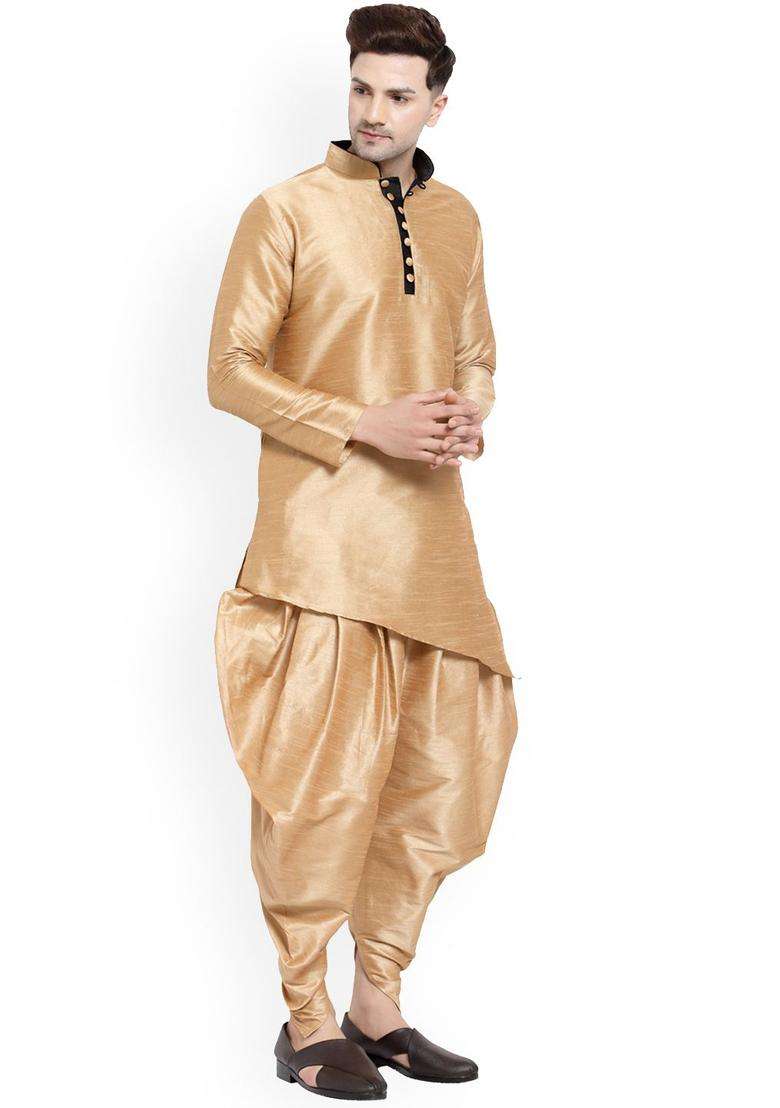 Gold Solid Silk Blend Kurta Set For Men - Indya