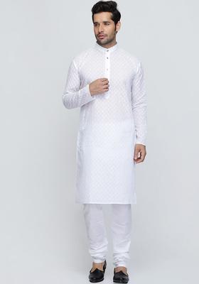 White Embroidered Cotton Kurta Set For Men